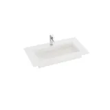 Grote badkamerinspiratie met geel wastafelkast met elegante witte wastafel en werkblad, stijlvolle zwarte plank en mooie ronde spiegel met witte rand, witte marmeren muren en vloer en kleine zwarte tegels geven een moderne en stedelijke uitstraling.