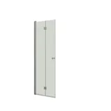 Badkamerinspiratie met een douchescherm met vaste wand en vouwdeur in helder glas en satijn dat een lichte en moderne uitstraling geeft.