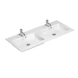 Moderne en grote minimalistische badkamer inspiratie met dubbele wastafels, vierkante spiegels met lichtregeling, stijlvolle hanglampen, grote grijze tegels en een ruim ontwerp met veel natuurlijk licht