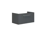 Badkamerinspiratie met badkamermeubels in mat grijs met elegante wastafel, mooie vierkante spiegel, grijze vloer en kleine tegels in verschillende tinten geel en groen, die met de gele muur een heldere en speelse uitdrukking geven.