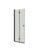 Inspiratie voor een grote badkamer met meubels van bruin eikenhout, zwarte framefronten, dubbele wastafel, zwarte plank, afgeronde spiegels, zwarte hoekdouche met vouwdeuren, witte tegels en beige muren