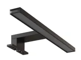 Kleine badkamerinspiratie met schuine en warme gele muren, elegant lichtblauw wastafelmeubel, dunne en strakke wastafel en een minimalistische vierkante spiegel met zwarte rand en praktische lamp.