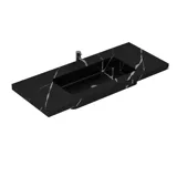 Grote badkamerinspiratie met elegante stenen wastafel in Eternal Marquina met stijlvol wit badmeubel met messing handgrepen en mooie spiegelkast met stenen vloer voor een exclusieve en moderne uitstraling.