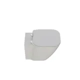 Kleine, stijlvolle badkamer met donkerblauwe muren, zachte gele badkamermeubels met groeven en een elegante ronde spiegel met lamp.