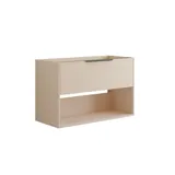 Badkamerinspiratie met roze badmeubel met elegante groeven en mooie wastafel, witte tegels op de muren en grote beige tegels op de vloer creëren een romantische en vrouwelijke look.