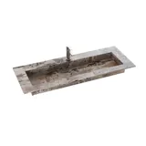 Grote badkamerinspiratie met grijs badmeubel met geïntegreerde handgreep, stijlvolle wastafel aan de zijkant, vierkante spiegel met afgeronde hoeken, betonlook muren en ruwe materialen voor een urban look