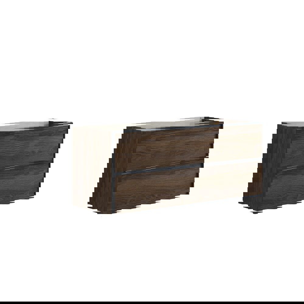 Inspiratie voor een grote badkamer met meubels van bruin eikenhout, zwarte framefronten, dubbele wastafel, zwarte plank, afgeronde spiegels, zwarte hoekdouche met vouwdeuren, witte tegels en beige muren