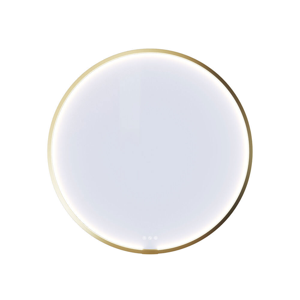 Grote en romantische badkamer met ronde spiegel met goudkleurige rand