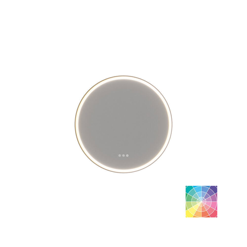 Badkamerinspiratie met donkerblauwe wandpanelen, romantisch bloemenbehang, donkerblauw wastafelmeubel met zachte vormen en een prachtige ronde spiegel met licht dat een vintage uitstraling creëert