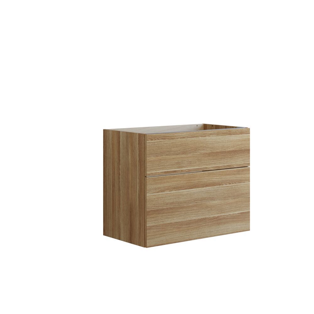 Scandinavische badkamer in hout met mooie ronde spiegels met zwarte randen en veel opbergruimte in het badkamermeubel