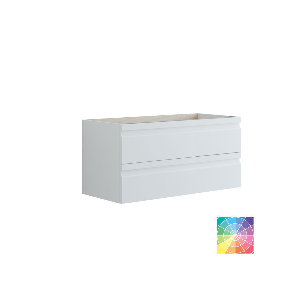 Grote badkamerinspiratie met grijs badmeubel met geïntegreerde handgreep, stijlvolle wastafel aan de zijkant, vierkante spiegel met afgeronde hoeken, betonlook muren en ruwe materialen voor een urban look