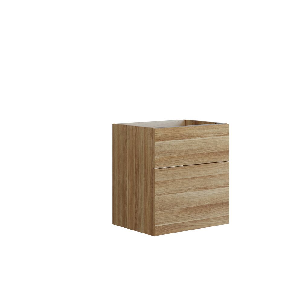 Scandinavische badkamer in hout met mooie ronde spiegels met zwarte randen en veel opbergruimte in het badkamermeubel