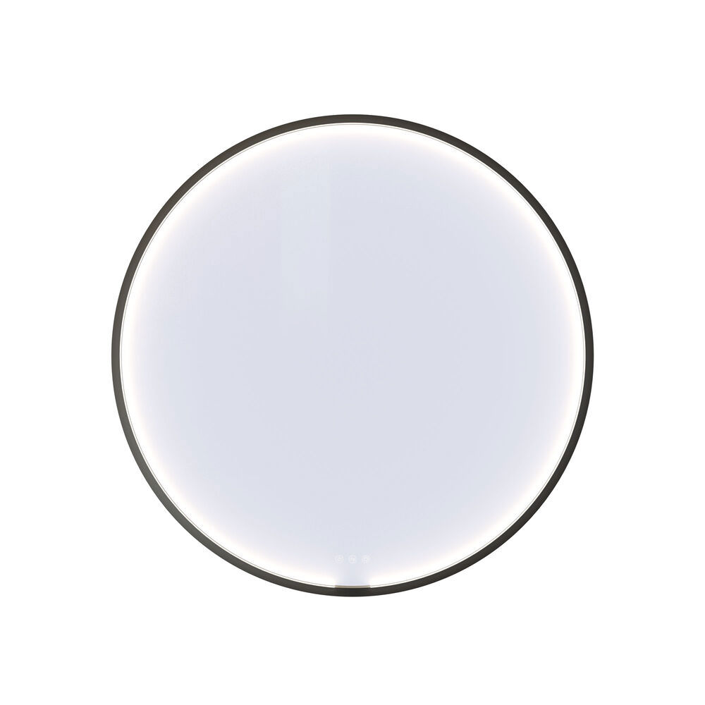 Grote en lichte badkamer in minimalistische stijl met zachte pasteltinten en elegante groene tinten, stijlvolle ronde spiegel en moderne inrichting