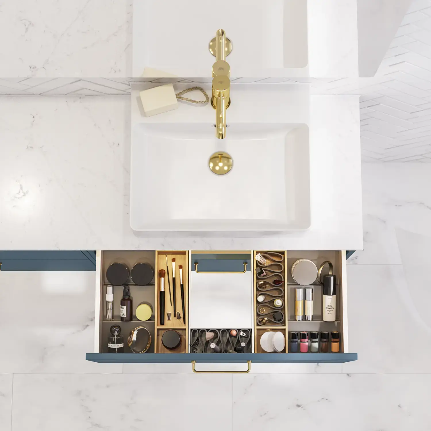 Badkamerinspiratie met badkamermeubels in moderne blauwe kleur, elegante opzetwastafel en grote vierkante spiegel met verlichting, witte visgraattegels zorgen voor een stijlvolle en klassieke uitstraling