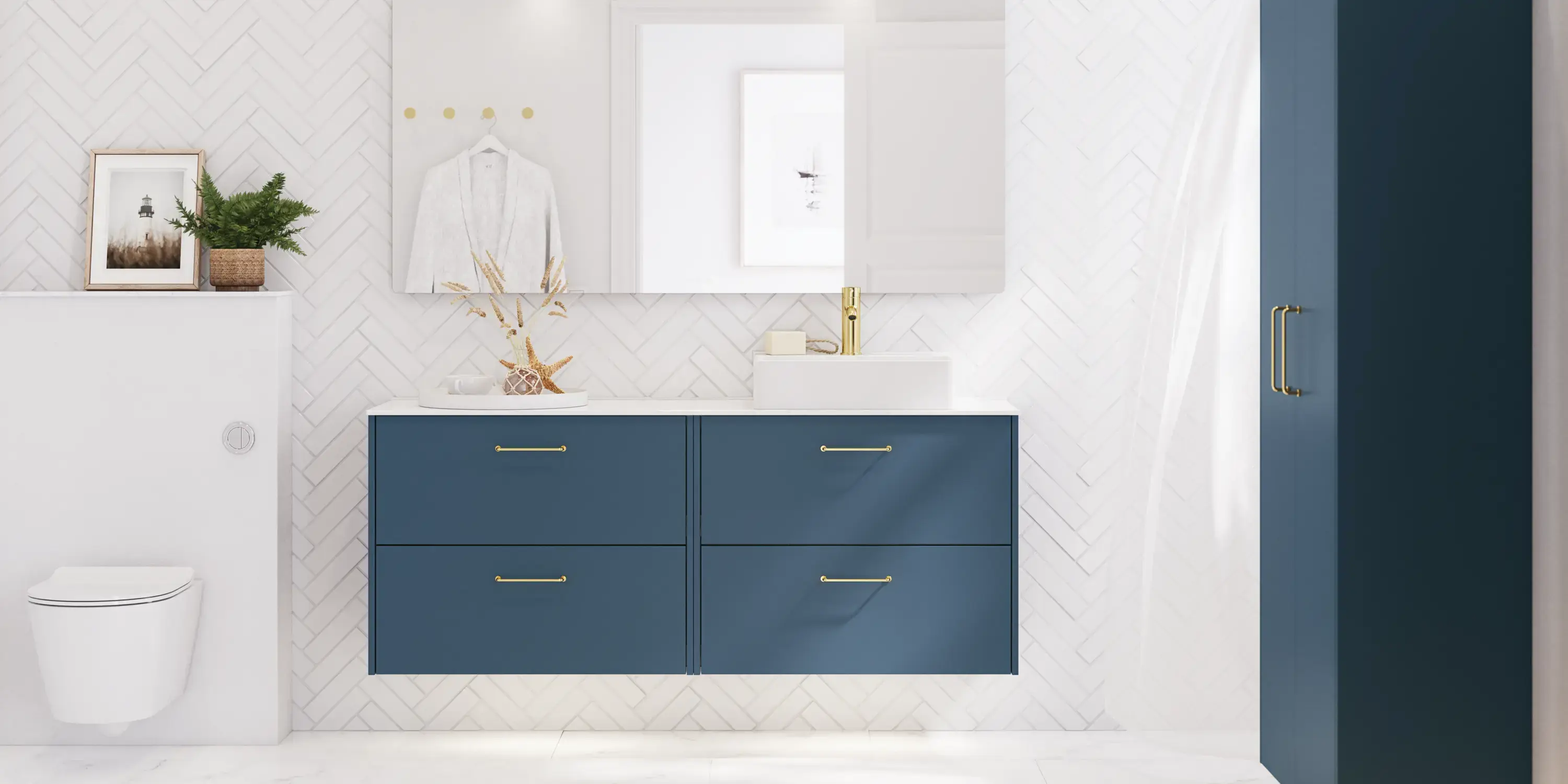 Badkamerinspiratie met badkamermeubels in moderne blauwe kleur, elegante opzetwastafel en grote vierkante spiegel met verlichting, witte visgraattegels zorgen voor een stijlvolle en klassieke uitstraling