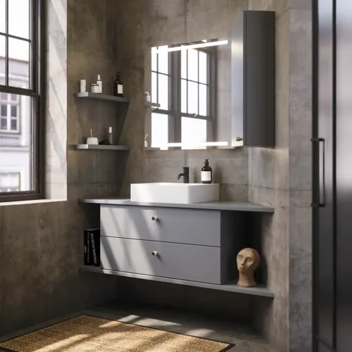 Badkamer met schuine muren inspiratie, grijze wastafelmeubel en bovenkast, op maat gemaakte aanrechtbladen, moderne vierkante opzetwastafel, vierkante spiegel met verlichting, ruwe betonnen muren en vloeren geven een stedelijke uitstraling