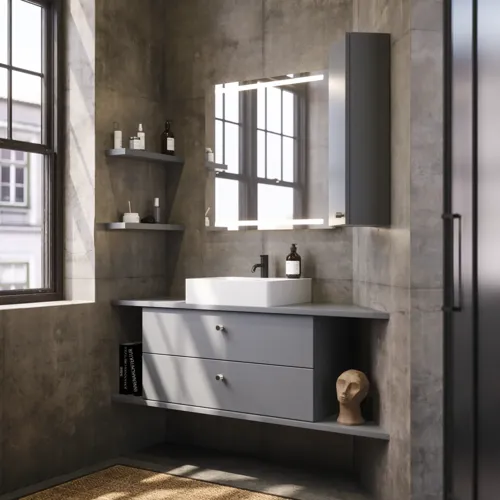 Badkamer met schuine muren inspiratie, grijze wastafelmeubel en bovenkast, op maat gemaakte aanrechtbladen, moderne vierkante opzetwastafel, vierkante spiegel met verlichting, ruwe betonnen muren en vloeren geven een stedelijke uitstraling