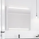 Grote badkamerinspiratie met badkamermeubels van zwart eikenhout met elegante groeven, stijlvolle dubbele wastafel, vierkante spiegels, witte tegels met geometrisch patroon geven een lichte, symmetrische en klassieke uitstraling.