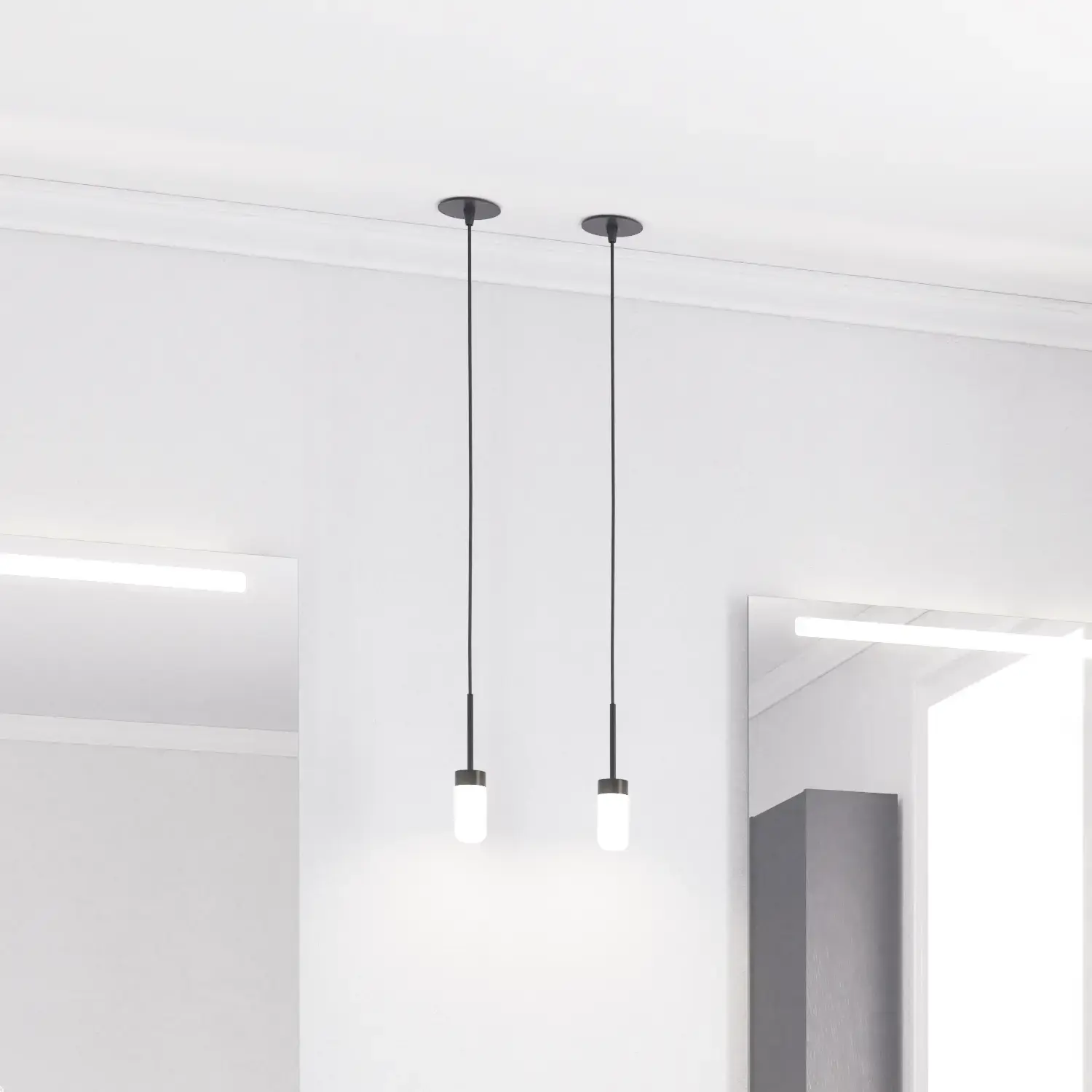 Grote badkamerinspiratie met badkamermeubels van zwart eikenhout met elegante groeven, stijlvolle dubbele wastafel, vierkante spiegels, witte tegels met geometrisch patroon geven een lichte, symmetrische en klassieke uitstraling.