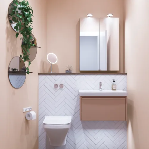 Kleine badkamerinspiratie met wastafelkastje in speciale kleur met geïntegreerde greep, spiegelkast met lampen, decoratieve spiegels met getinte glazenschap, witte visgraattegels geven een strakke en klassieke uitstraling.