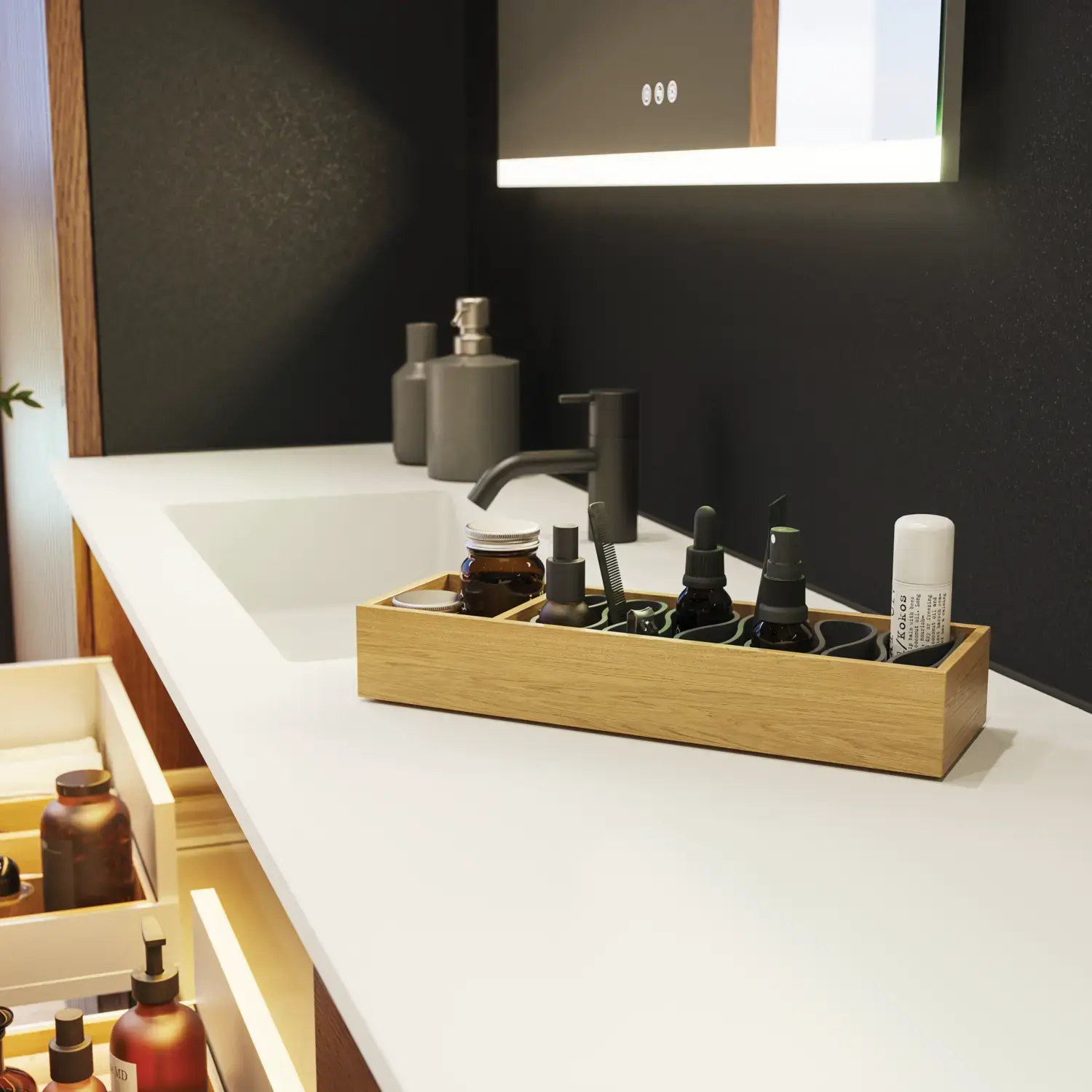 Grote badkamerinspiratie met wastafelmeubels en bruine eikenhouten lamellen, vrijstaand bad, en vierkante spiegels met licht, elegante dubbele wastafel geeft een modern en symmetrisch uiterlijk