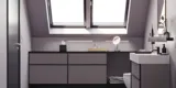 Badkamer met schuine muren, geïnspireerd door paarse badkamermeubels met elegante framefronten, mooie ovale spiegel met lamp, stijlvolle en praktische plank, paarse muur en grijze visgraatvloer, die een elegante en moderne uitstraling geven.