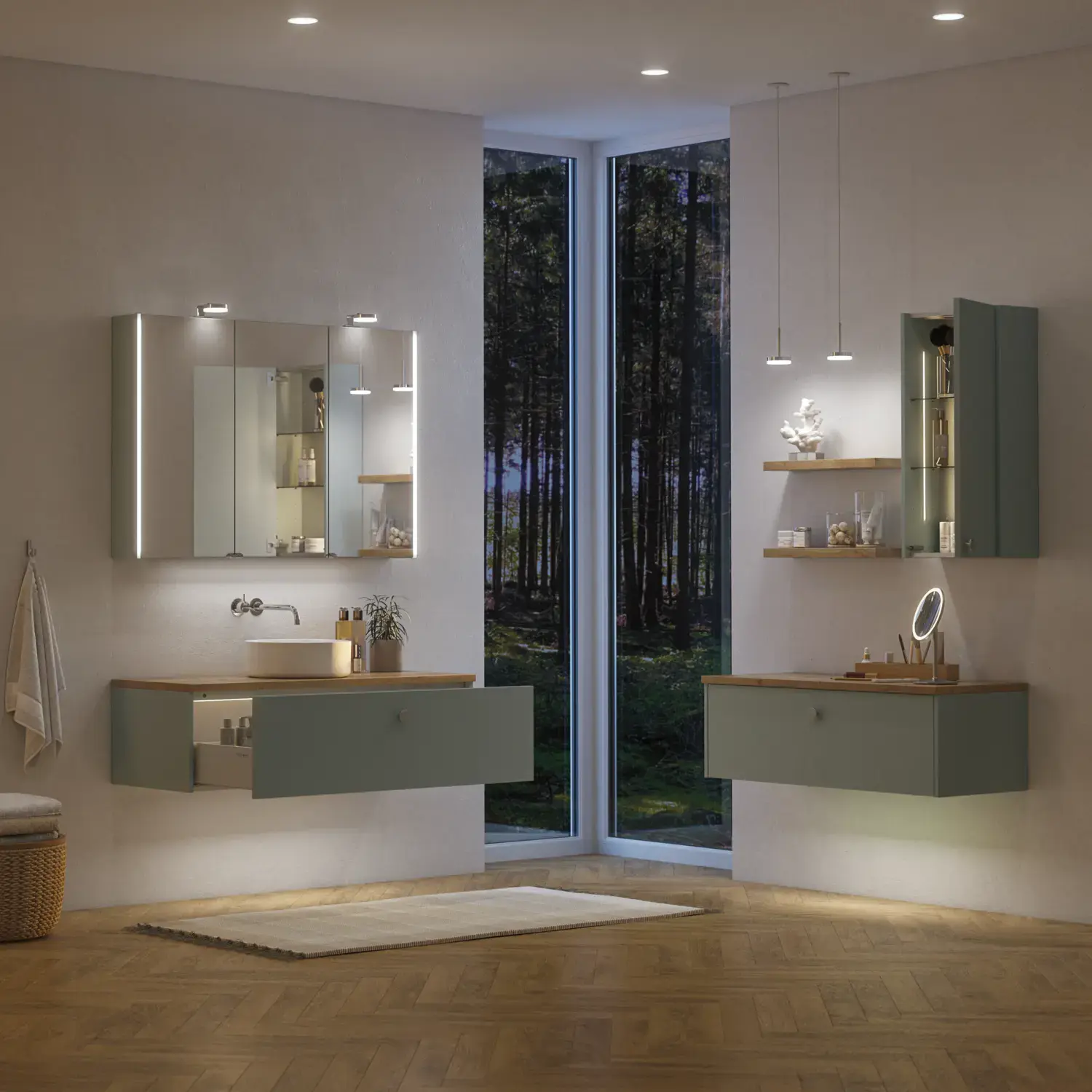 Grote badkamerinspiratie in Scandinavische stijl met badkamermeubels in lichtblauwe kleur en houten aanrechtblad met elegante opzetwastafel, visgraat houten vloer creëert een lichte en klassieke stijl