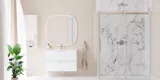 Grote badkamerinspiratie met grote luxe inloopdouche met schuifdeur, wit badkamermeubel, grote moderne tegels en lange gordijnen voor een klassieke en romantische look