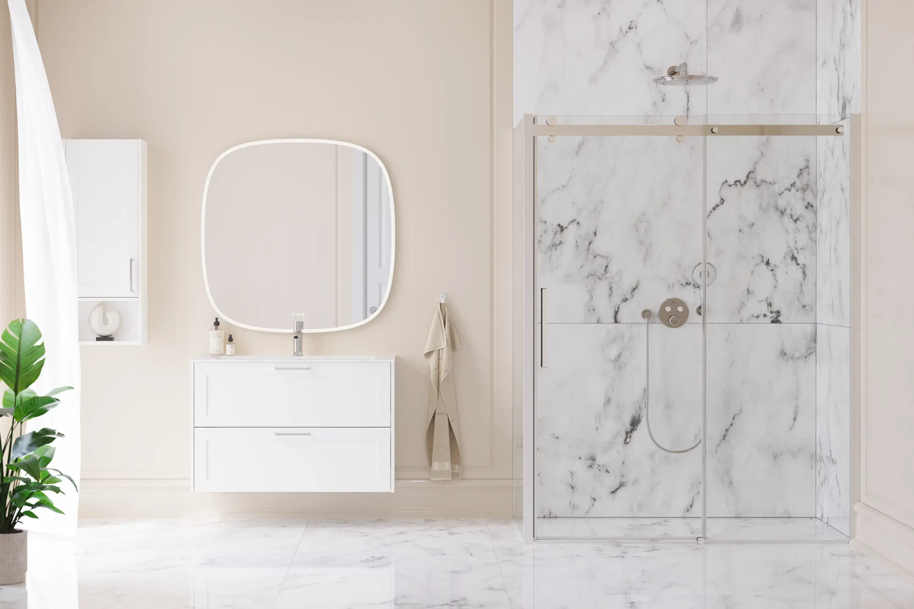 Grote badkamerinspiratie met grote luxe inloopdouche met schuifdeur, wit badkamermeubel, grote moderne tegels en lange gordijnen voor een klassieke en romantische look