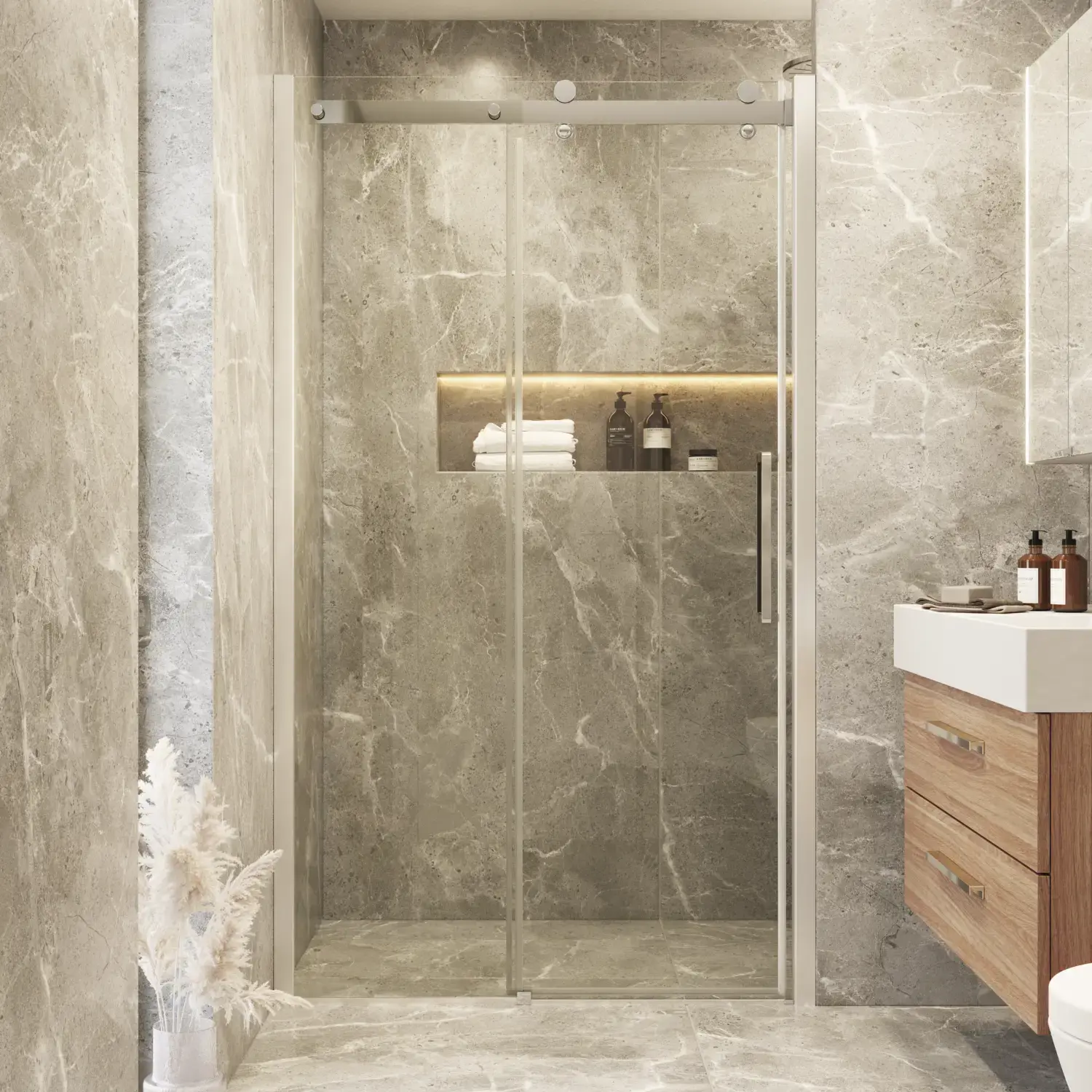 Badkamerinspiratie met een douchewand met schuifdeuren voor een elegante en luxe uitstraling in je badkamer