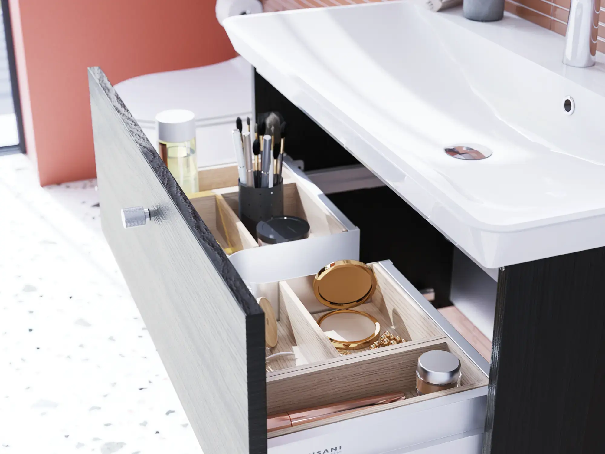 Badkamerinspiratie met een elegante wastafel en wastafelmeubel met praktische en stijlvolle lade-indeling in de vorm van mooie houten dozen, die optimale ruimtebenutting bieden.