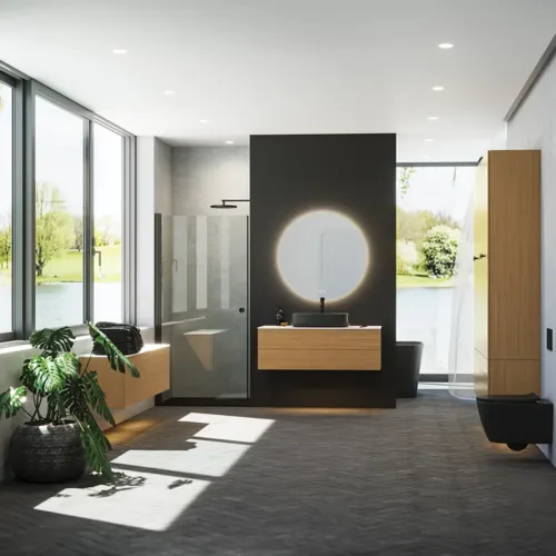 Minimalistische en stijlvolle badkamer inspiratie met wastafelmeubel, onderkasten en hoge kasten in gouden eik, grote ronde spiegel met lichtregeling, gekleurd toilet en vrijstaande wastafel