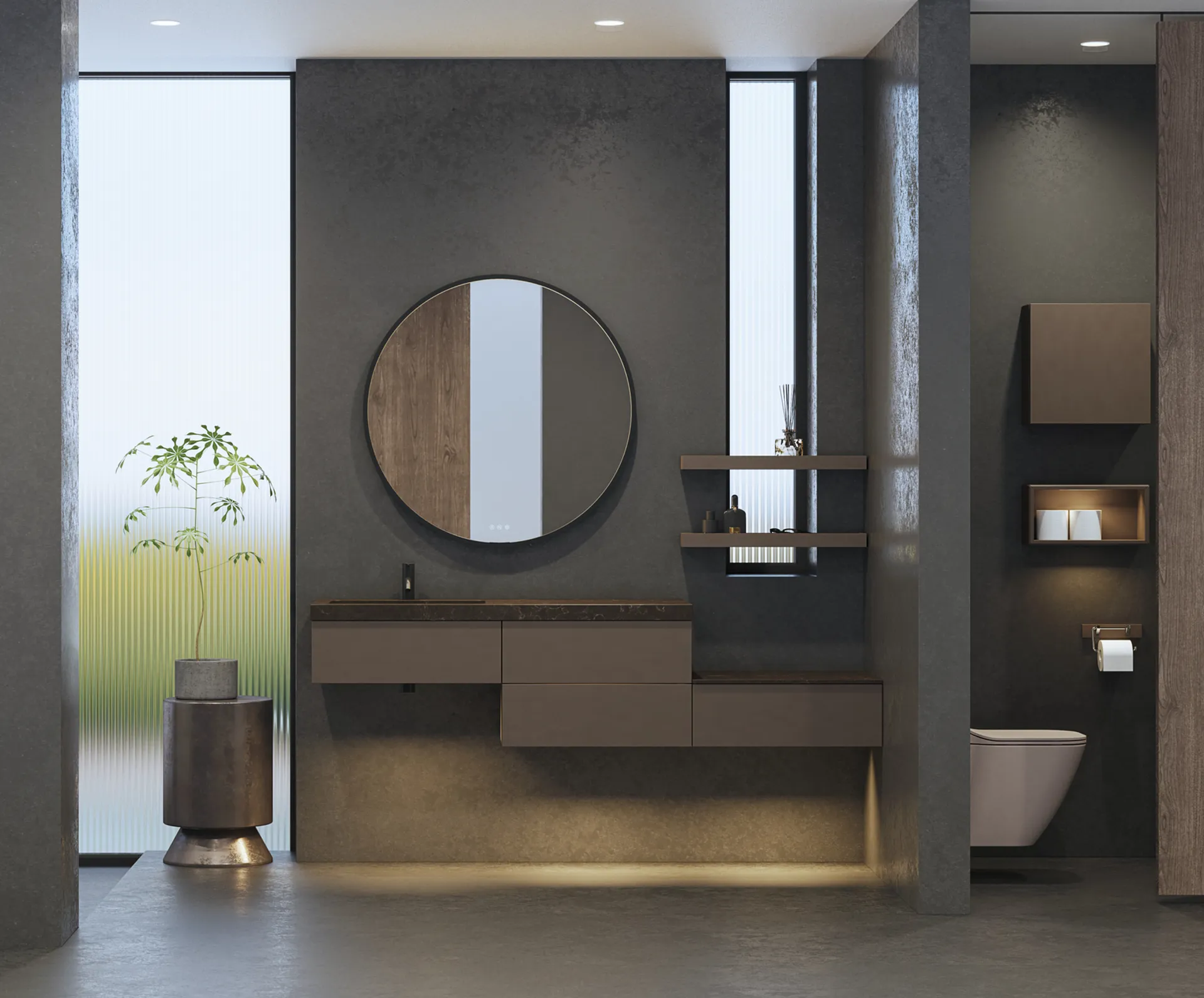 Stijlvolle en ruime badkamer inspiratie met grote ronde spiegel met zwarte lijst, donkere stenen wastafel, gekleurd toilet, bovenkast en open plank in een verfijnd en ingetogen ontwerp