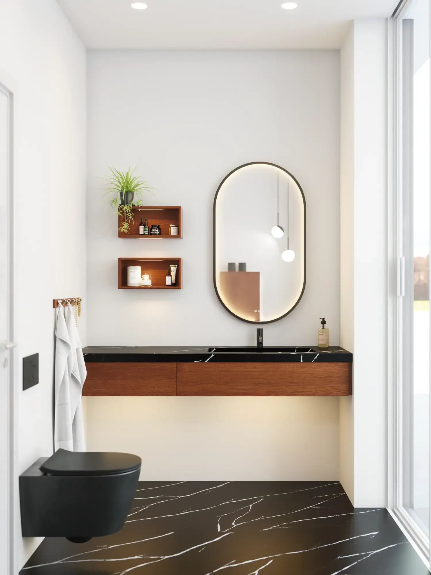 Moderne en stijlvolle badkamer inspiratie met ovale spiegel met zwarte lijst en lichtregeling, gekleurd toilet, wastafelmeubel, onderkasten en kasten in roodbruin eiken, Silestone wastafel en bijpassende vloer