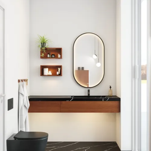 Moderne en stijlvolle badkamer inspiratie met ovale spiegel met zwarte lijst en lichtregeling, gekleurd toilet, wastafelmeubel, onderkasten en kasten in roodbruin eiken, Silestone wastafel en bijpassende vloer