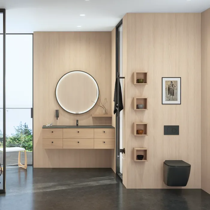 Stijlvolle badkamer in Scandinavische en Japandi stijl met lichte houten muren, ronde spiegel en minimalistische badkamermeubels