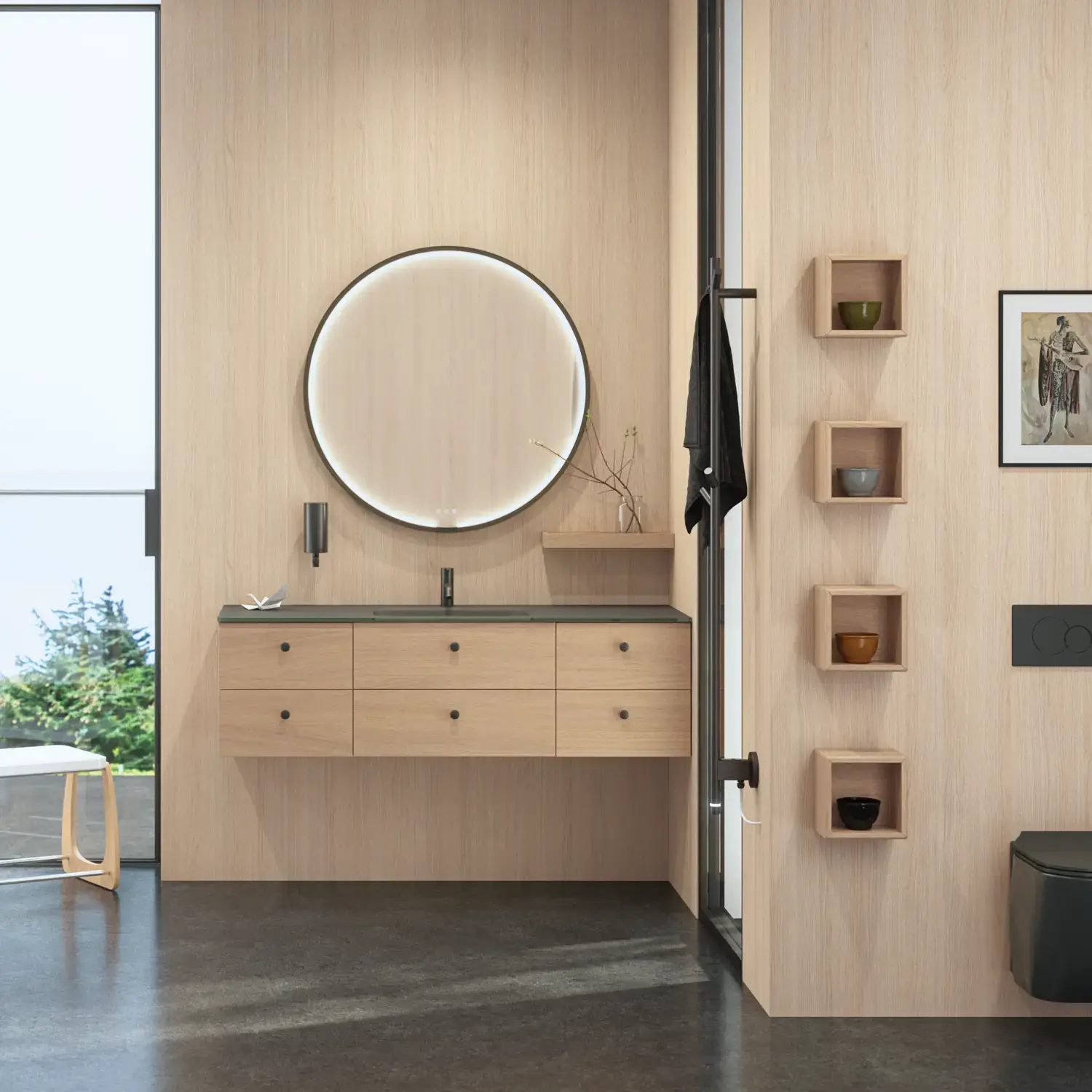Stijlvolle badkamer in Scandinavische en Japandi stijl met lichte houten muren, ronde spiegel en minimalistische badkamermeubels