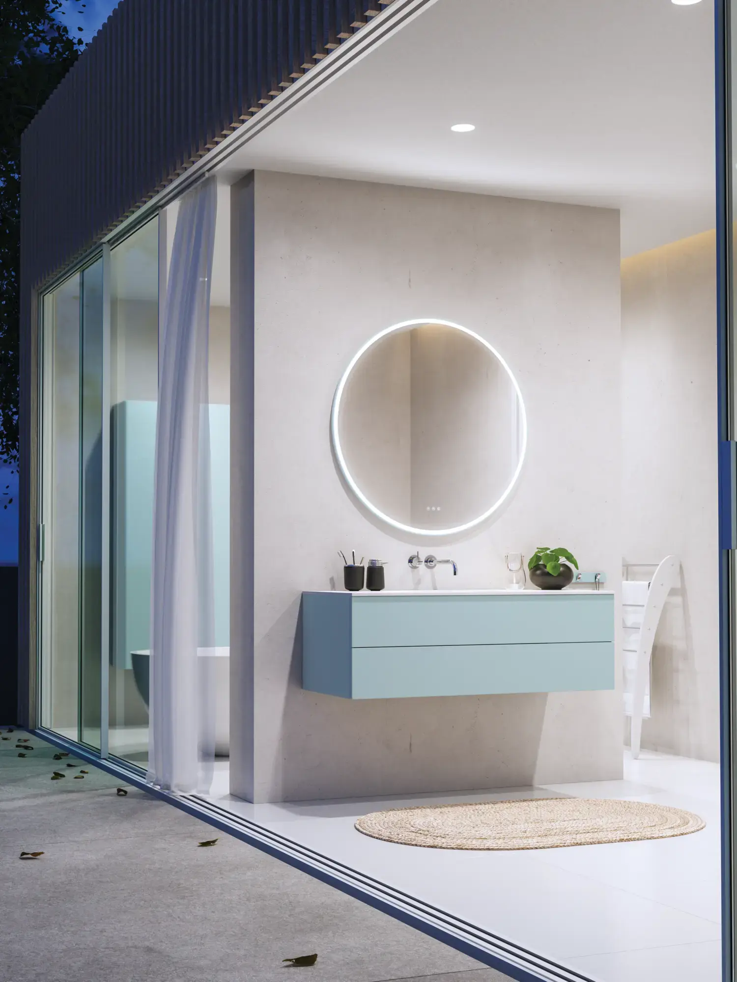 Grote moderne badkamer met badkamermeubel in lichte, blauwe kleuren in een Scandinavische stijl