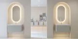 Stijlvolle en moderne badkamer inspiratie met ovale spiegels met lichtregeling, stenen wastafels en wastafelmeubels met elegante groeven in een minimalistisch ontwerp, lichte en luchtige sfeer met elegante verlichting en verfijnde details
