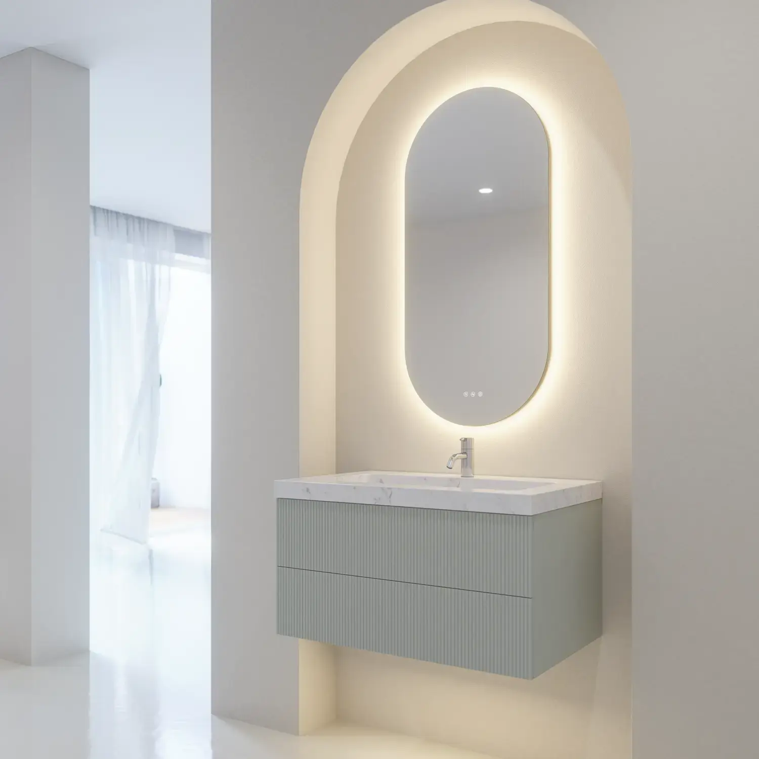 Stijlvolle en moderne badkamer inspiratie met ovale spiegels met lichtregeling, stenen wastafels en wastafelmeubels met elegante groeven in een minimalistisch ontwerp, lichte en luchtige sfeer met elegante verlichting en verfijnde details