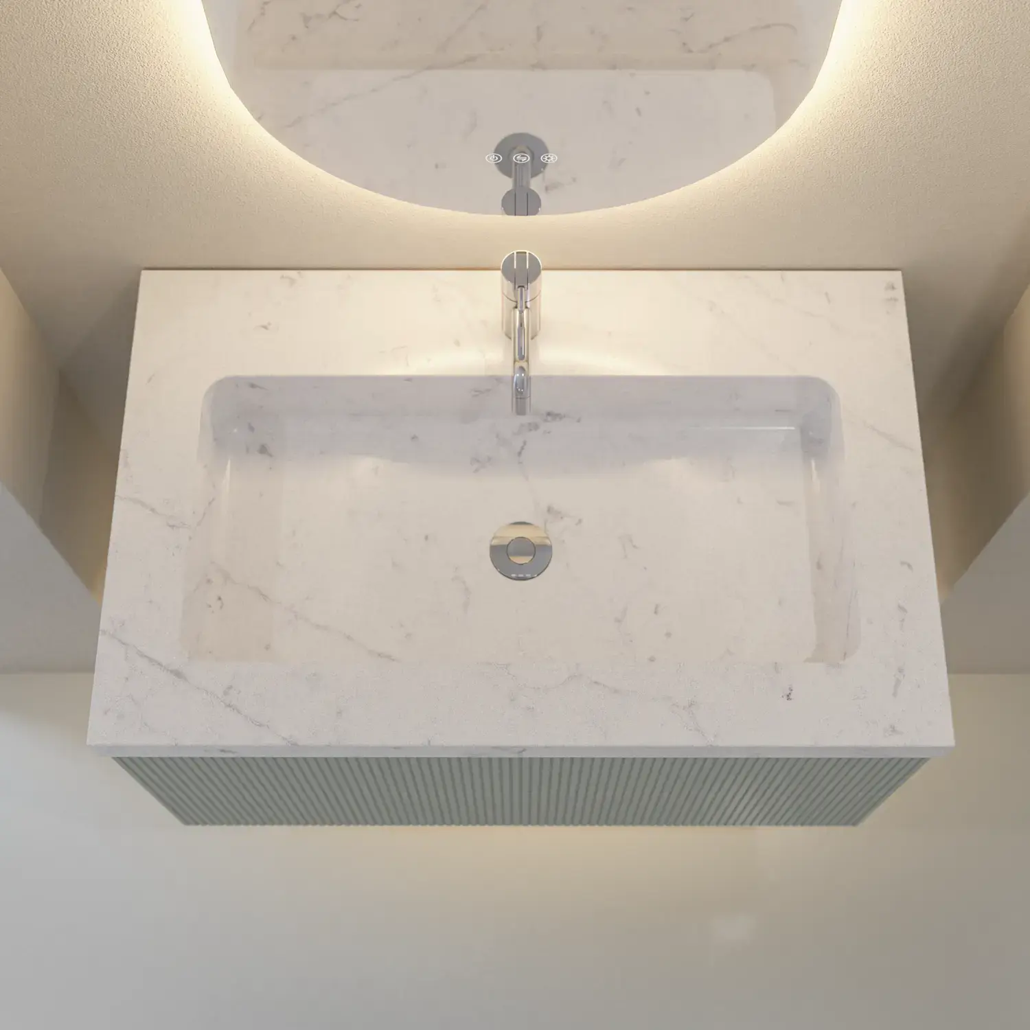 Stijlvolle en moderne badkamer inspiratie met ovale spiegels met lichtregeling, stenen wastafels en wastafelmeubels met elegante groeven in een minimalistisch ontwerp, lichte en luchtige sfeer met elegante verlichting en verfijnde details