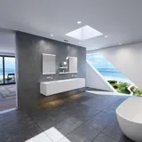Moderne en grote minimalistische badkamer inspiratie met dubbele wastafels, vierkante spiegels met lichtregeling, stijlvolle hanglampen, grote grijze tegels en een ruim ontwerp met veel natuurlijk licht