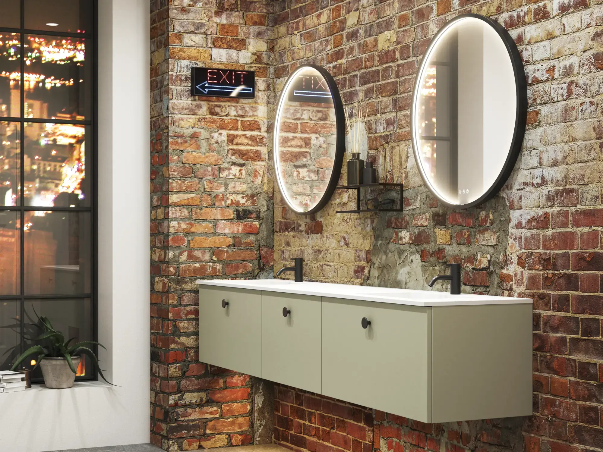 Moderne stoere badkamer in urban stijl. Mooie wastafelkasten en ronde spiegels met zwarte randen
