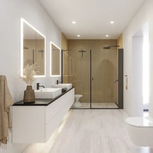 Grote badkamerinspiratie in moderne en minimalistische stijl met witte badkamermeubels en een elegant zwart aanrechtblad met vierkante vrijstaande wastafels, esthetische en praktische ingebouwde spiegelkasten met lichtrand en inloopdouche