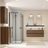Inspiratie voor een grote badkamer met meubels van bruin eikenhout, zwarte framefronten, dubbele wastafel, zwarte plank, afgeronde spiegels, zwarte hoekdouche met vouwdeuren, witte tegels en beige muren
