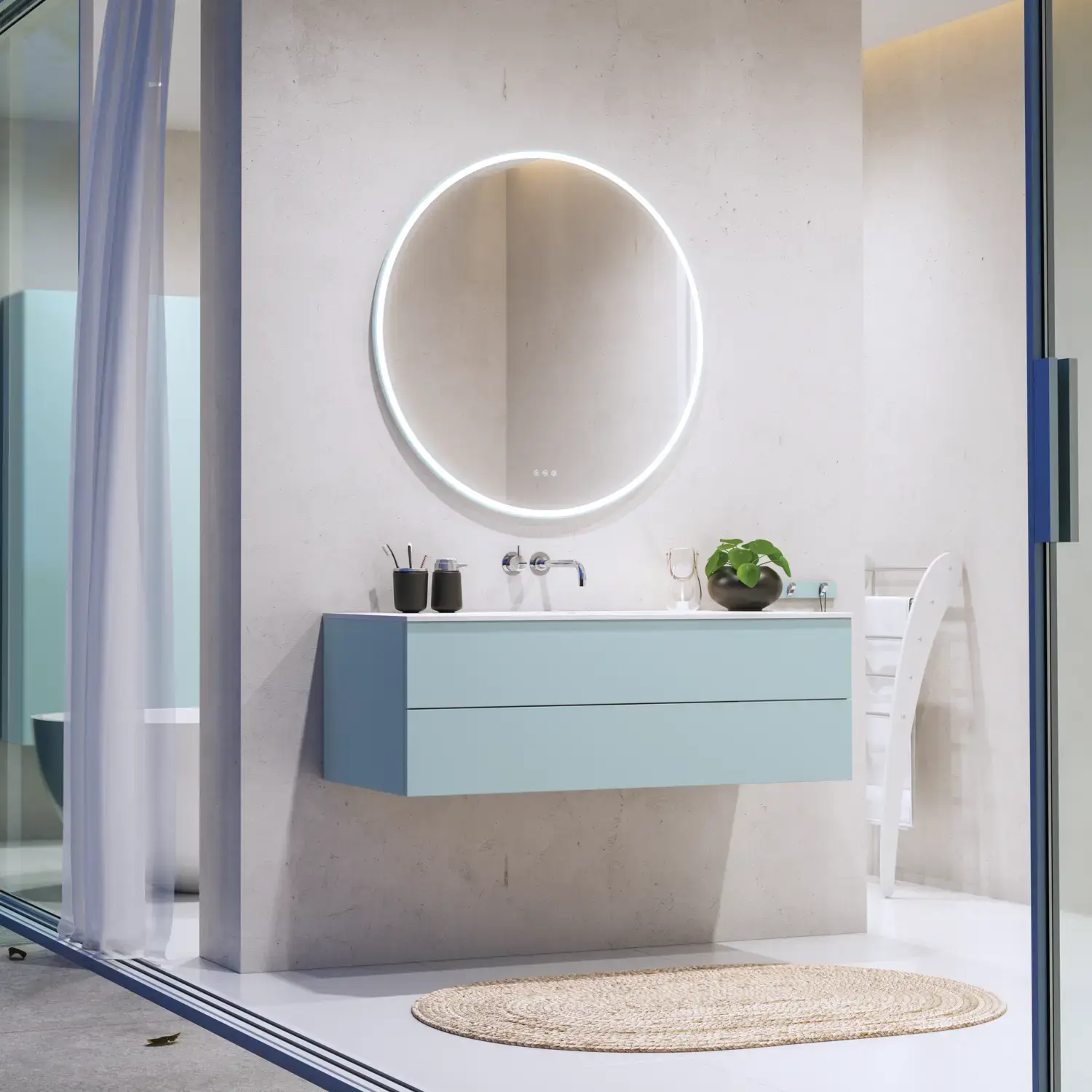 Grote moderne badkamer met badkamermeubel in lichte, blauwe kleuren in een Scandinavische stijl