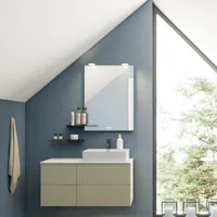 Badkamer met schuin plafond, beige meubels met groeven, elegante werkblad en vierkante wastafel, mooie spiegel met planken, blauwe muren, grote ramen en zwarte visgraatvloer geven een lichte, stedelijke uitstraling.