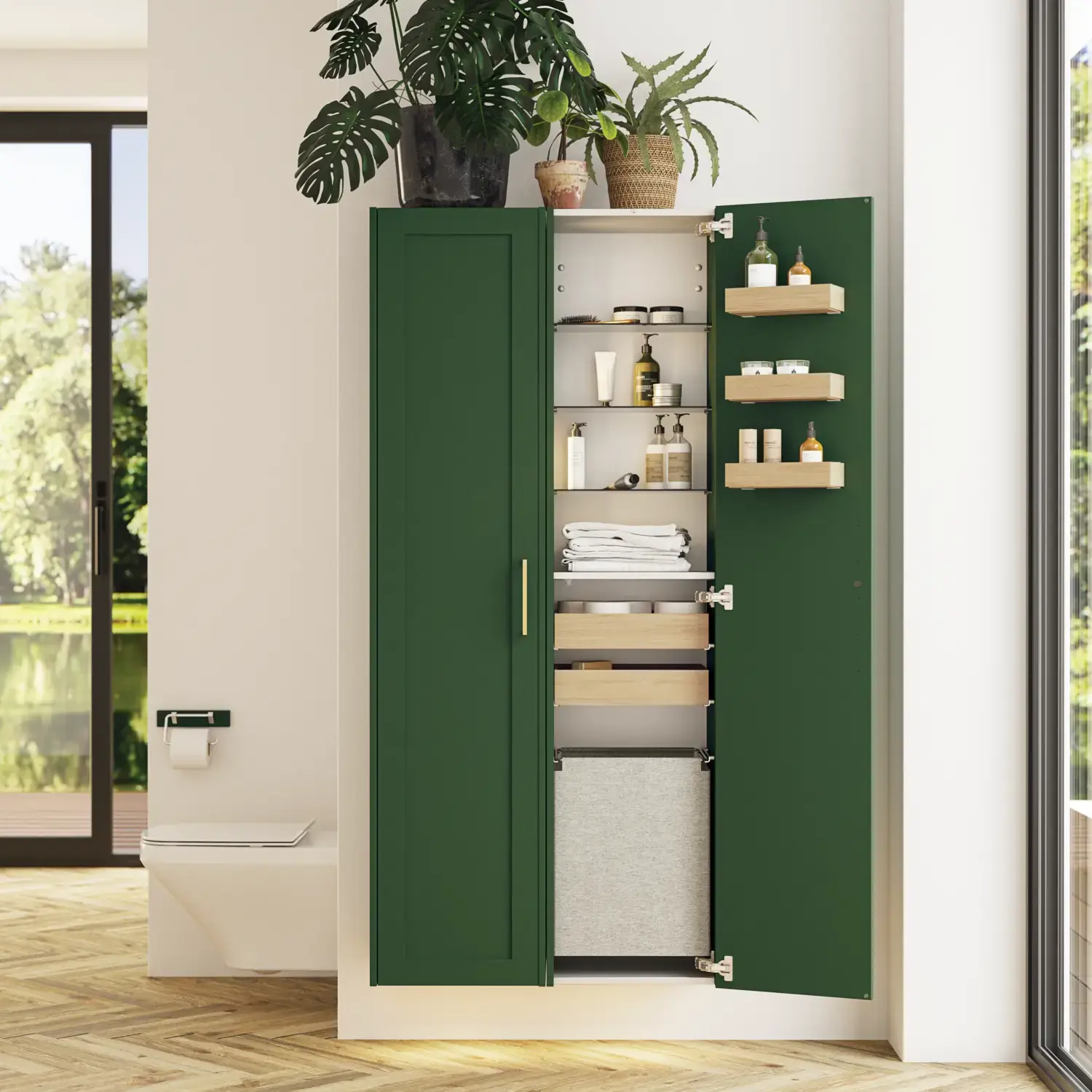 Grote badkamer in groene kleurstelling met wastafelmeubel, ovale spiegel met gouden rand en mooie deuren met