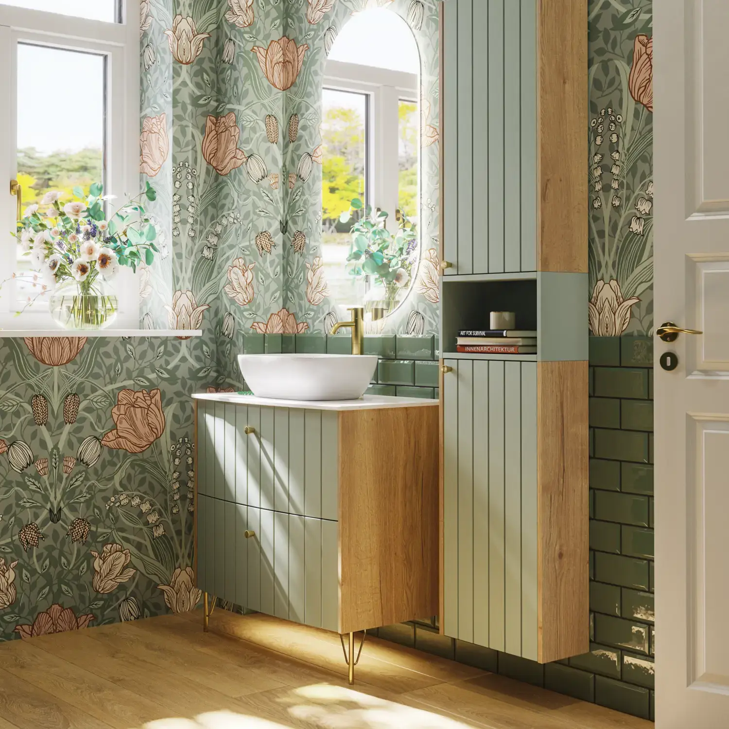 Badkamerinspiratie met groene meubels in speciale kleur met zijden van natuurlijk eikenhout, elegante groeven, werkblad met ovale opzetwastafel, ovale spiegel en bloemenbehang geeft een sierlijke, retro uitstraling.