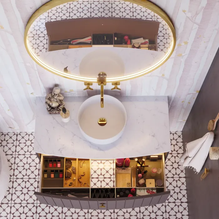 Inspirerend badkamer met op maat gemaakte paarse kasten met elegante groeven, stijlvolle werkblad met opzetwastafel, grote spiegel met messing rand, tegels en muren in paarse tinten creëren een romantische en vrouwelijke uitstraling